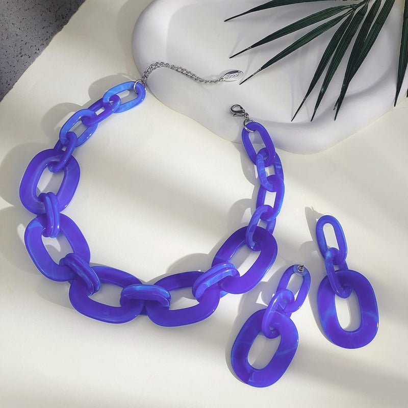 Bocar Acrylic Chunky Statement Necklace for Women Cube Link Chain Collar Necklace and Hoop Earrings Costome Jewelry Set - Image 2